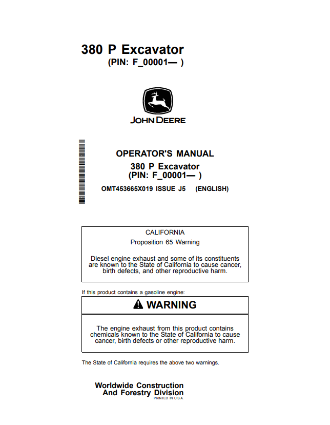 JOHN DEERE 380 P EXCAVATOR OPERATOR MANUAL OMT453665X019