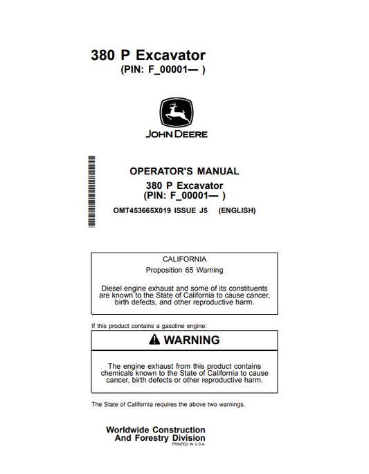 JOHN DEERE 380 P EXCAVATOR OPERATOR MANUAL OMT453665X019