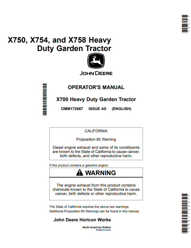 JOHN DEERE X750, X754, AND X758 HEAVY DUTY GARDEN TRACTOR OPERATOR MANUAL OMM172667