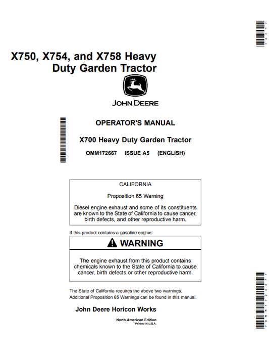 JOHN DEERE X750, X754, AND X758 HEAVY DUTY GARDEN TRACTOR OPERATOR MANUAL OMM172667