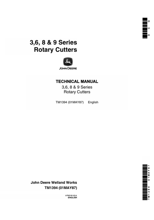 JOHN DEERE 3, 6, 8 & 9 ROTARY CUTTER TECHNICAL MANUAL TM1394