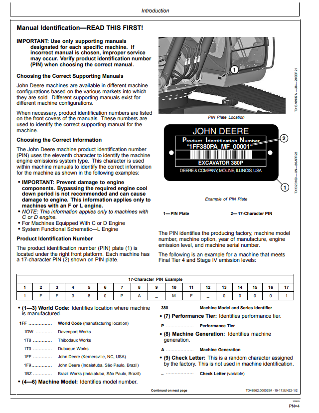 JOHN DEERE 380 P EXCAVATOR OPERATOR MANUAL OMT453665X019