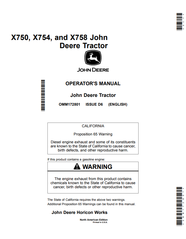 JOHN DEERE X750, X754, AND X758 TRACTOR OPERATOR MANUAL OMM172801