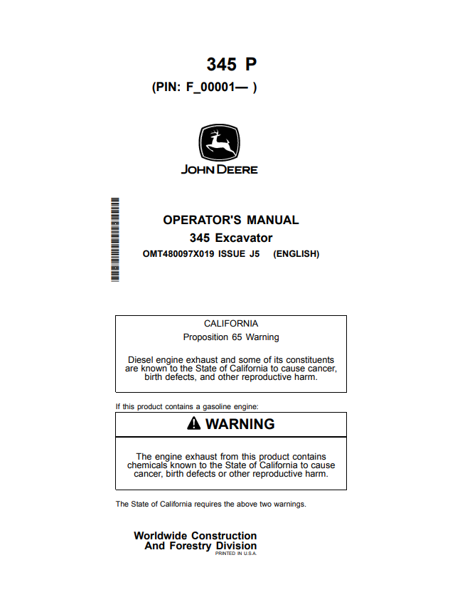 JOHN DEERE 345 P EXCAVATOR OPERATOR MANUAL OMT480097X019