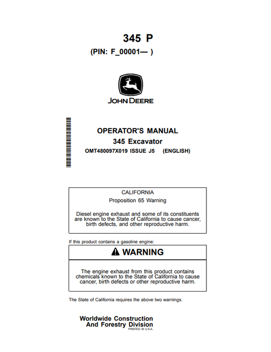 JOHN DEERE 345 P EXCAVATOR OPERATOR MANUAL OMT480097X019