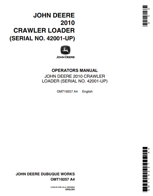 JOHN DEERE 2010 CRAWLER LOADER OPERATOR MANUAL OMT19257