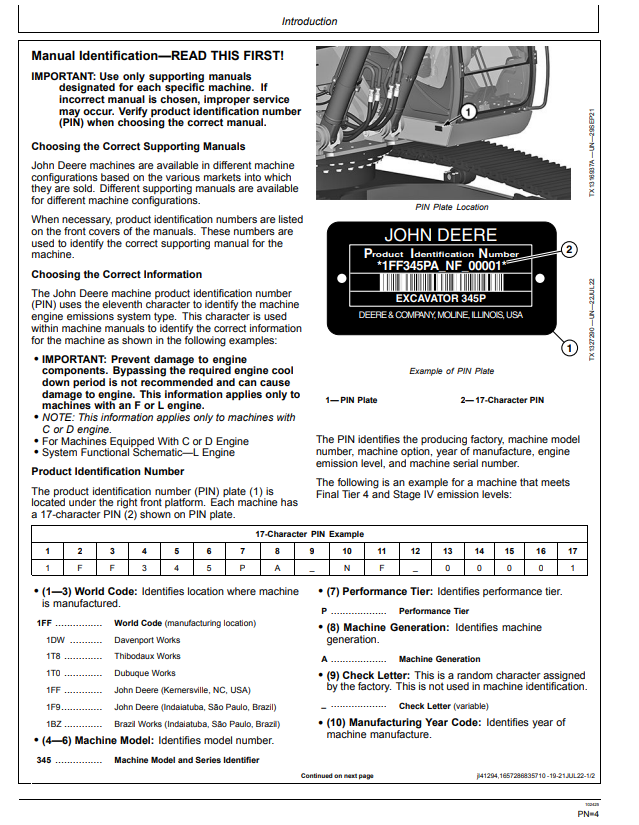 JOHN DEERE 345 P EXCAVATOR OPERATOR MANUAL OMT480097X019