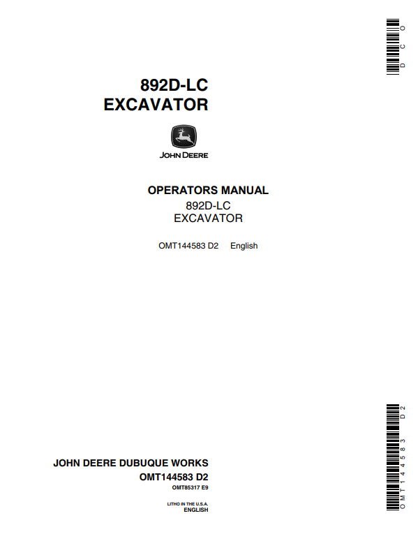 JOHN DEERE 892D-LC EXCAVATOR OPERATOR MANUAL OMT144583