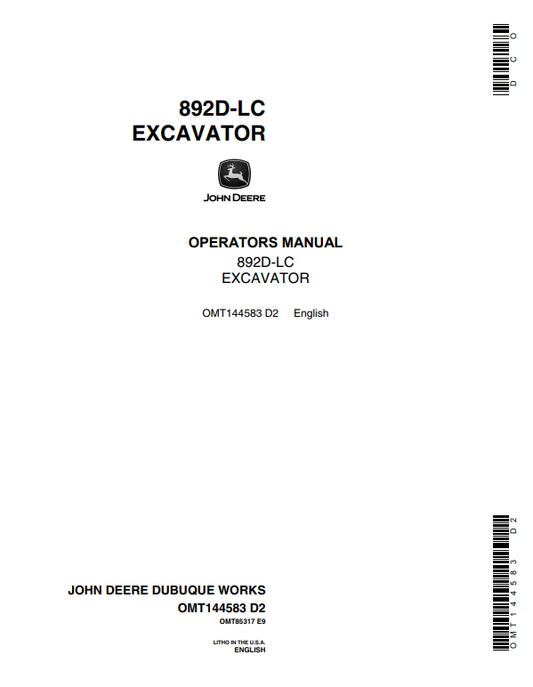 JOHN DEERE 892D-LC EXCAVATOR OPERATOR MANUAL OMT144583