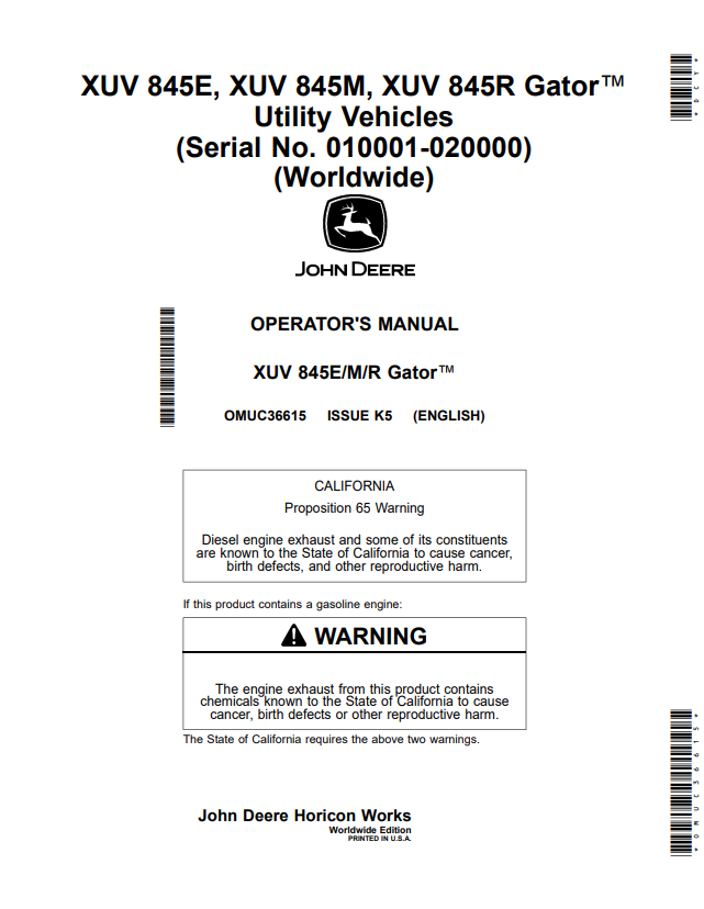 JOHN DEERE XUV 845E, XUV 845M, XUV 845R GATOR™ UTILITY VEHICLES OPERATOR MANUAL OMUC36615