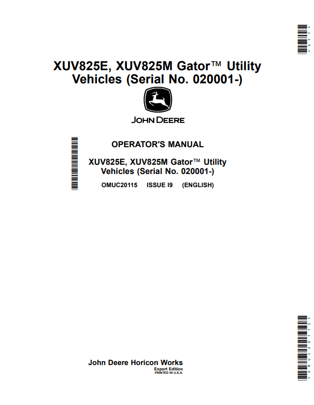 JOHN DEERE XUV825E, XUV825M GATOR™ UTILITY VEHICLES OPERATOR MANUAL OMUC20115