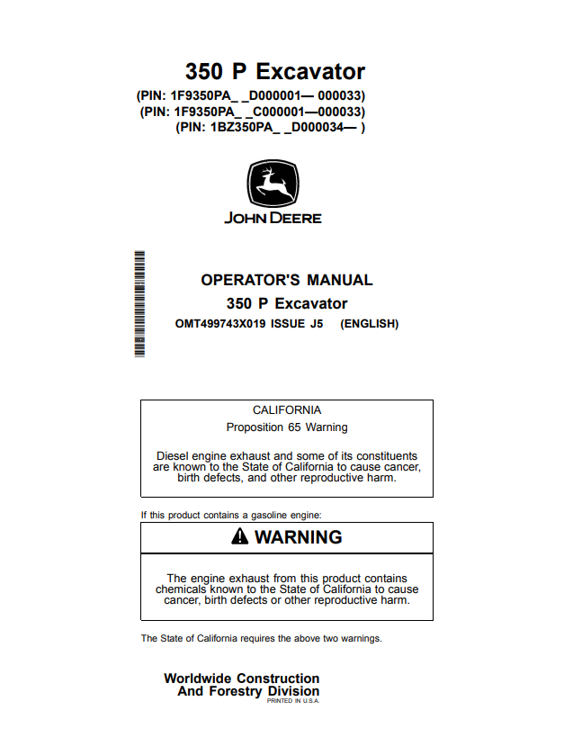 JOHN DEERE 345 EXCAVATOR OPERATOR MANUAL OMT499743X019