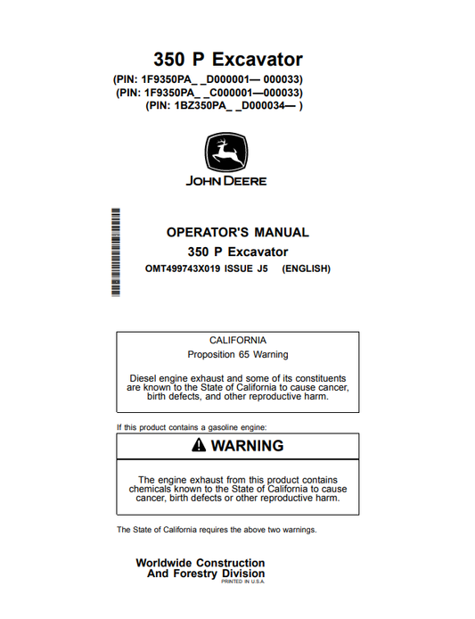 JOHN DEERE 345 EXCAVATOR OPERATOR MANUAL OMT499743X019