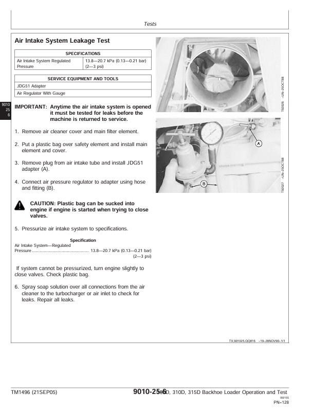 JOHN DEERE 300D, 310D BACKHOE 315D SIDE SHIFT LOADER OPERATION AND TEST TECHNICAL MANUAL TM1496