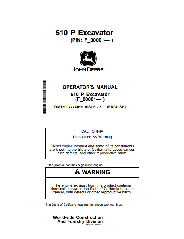 JOHN DEERE 510 P EXCAVATOR OPERATOR MANUAL OMT500777X019