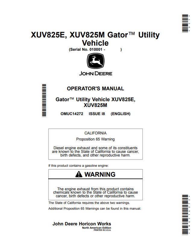 JOHN DEERE XUV825E, XUV825M GATOR™ UTILITY VEHICLE OPERATOR MANUAL OMUC14272