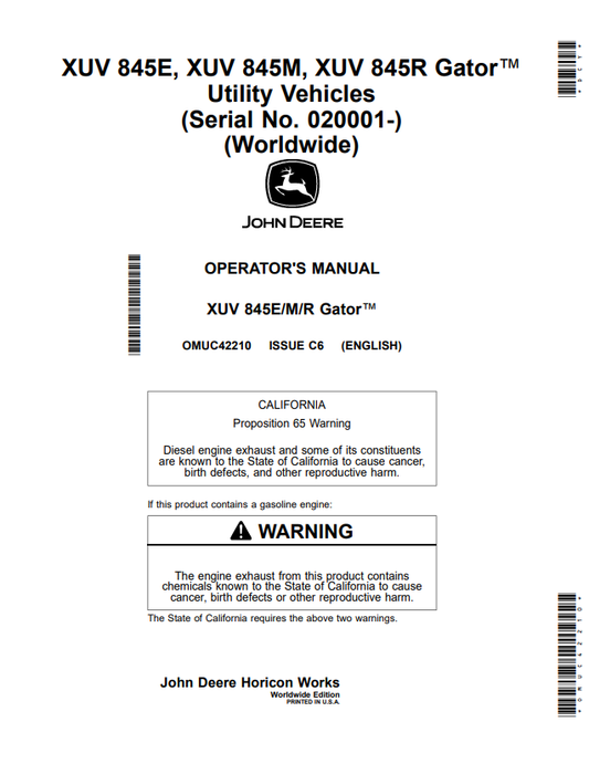 JOHN DEERE XUV 845E, XUV 845M, XUV 845R GATOR™ UTILITY VEHICLES OPERATOR MANUAL OMUC42210