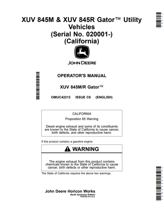 JOHN DEERE XUV 845M & XUV 845R GATOR™ UTILITY VEHICLES OPERATOR MANUAL OMUC42213