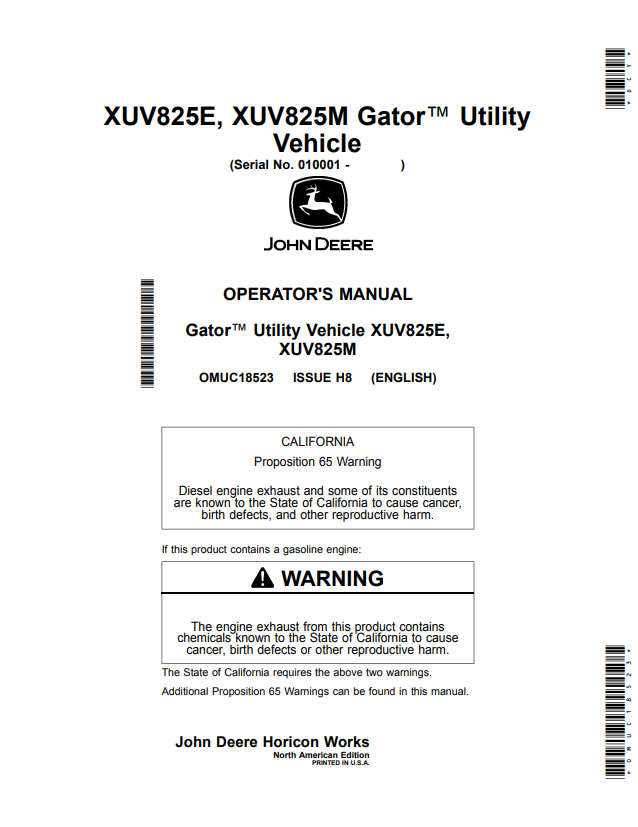 JOHN DEERE XUV825E, XUV825M GATOR™ UTILITY VEHICLE OPERATOR MANUAL OMUC18523