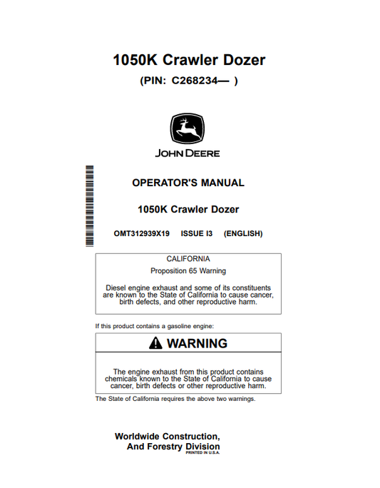 JOHN DEERE 1050K CRAWLER DOZER OPERATOR MANUAL OMT312939X19