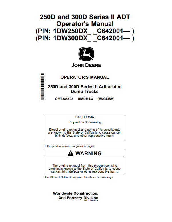 JOHN DEERE 250D AND 300D SERIES II ARTICULATED DUMP TRUCK OPERATOR MANUAL OMT284808