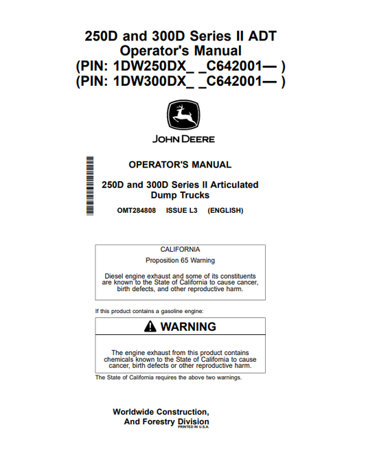 JOHN DEERE 250D AND 300D SERIES II ARTICULATED DUMP TRUCK OPERATOR MANUAL OMT284808
