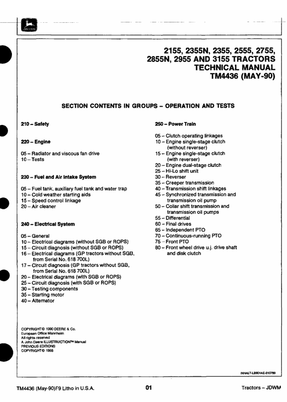 JOHN DEERE 2155, 2355N, 2355, 2555, 2755, 2855N, 2955 AND 3155 TRACTOR TECHNICAL MANUAL TM4436