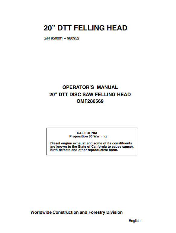 JOHN DEERE 20 DTT DISC SAW FELLING HEAD OPERATOR MANUAL OMF286569