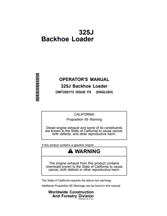 JOHN DEERE 325J BACKHOE LOADER OPERATOR MANUAL OMT255172