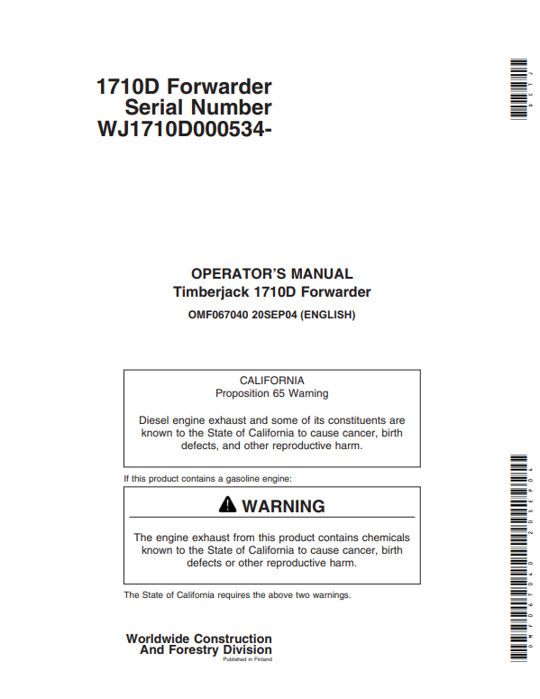 JOHN DEERE TIMBERJACK 710D FORWARDER OPERATOR MANUAL OMF067040