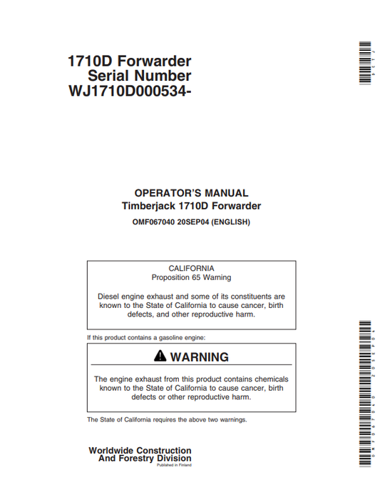 JOHN DEERE TIMBERJACK 710D FORWARDER OPERATOR MANUAL OMF067040