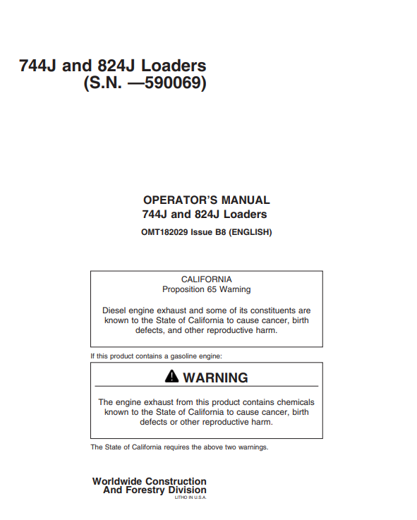 JOHN DEERE 744J AND 824J LOADER OPERATOR MANUAL OMT182029