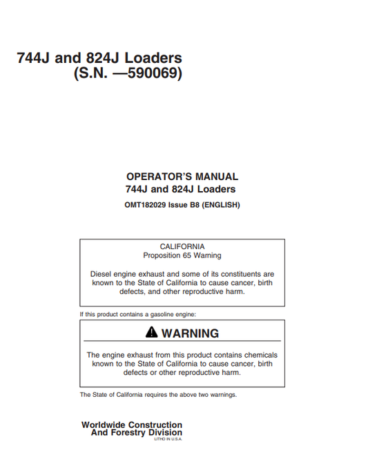 JOHN DEERE 744J AND 824J LOADER OPERATOR MANUAL OMT182029