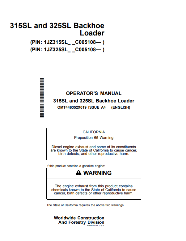 JOHN DEERE 315SL AND 325SL BACKHOE LOADER OPERATOR MANUAL OMT446352X019
