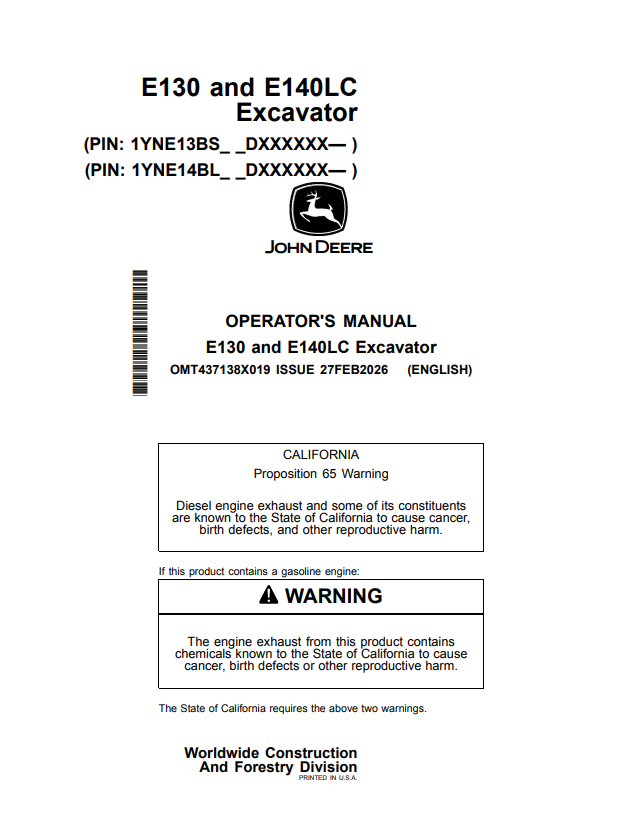 JOHN DEERE E130 AND E140LC EXCAVATOR OPERATOR MANUAL OMT437138X019