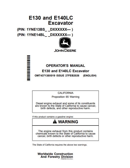 JOHN DEERE E130 AND E140LC EXCAVATOR OPERATOR MANUAL OMT437138X019