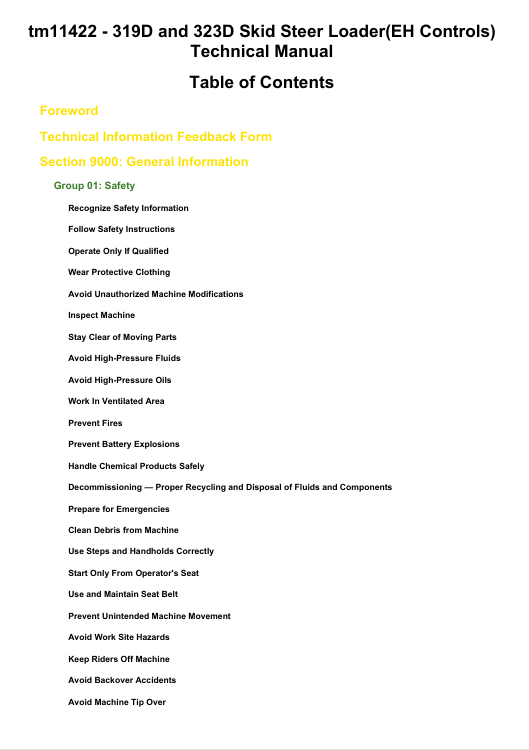 JOHN DEERE 319D AND 323D SKID STEER LOADER TECHNICAL MANUAL TM11422