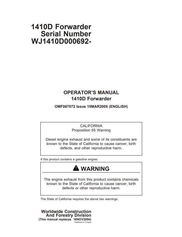 JOHN DEERE 1410D FOWARDER OPERATOR MANUAL OMF067072