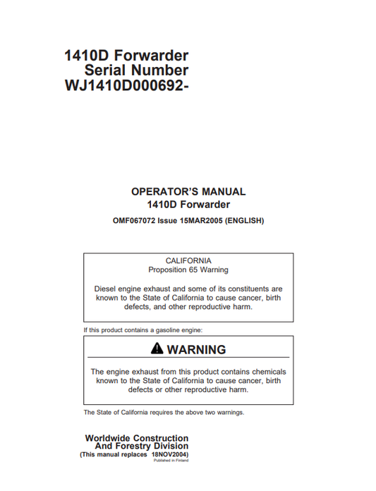JOHN DEERE 1410D FOWARDER OPERATOR MANUAL OMF067072