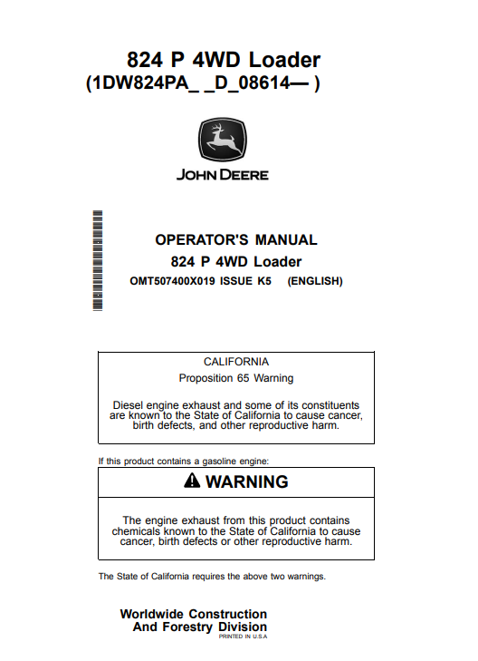 JOHN DEERE 824 P 4WD LOADER OPERATOR MANUAL OMT507400X019