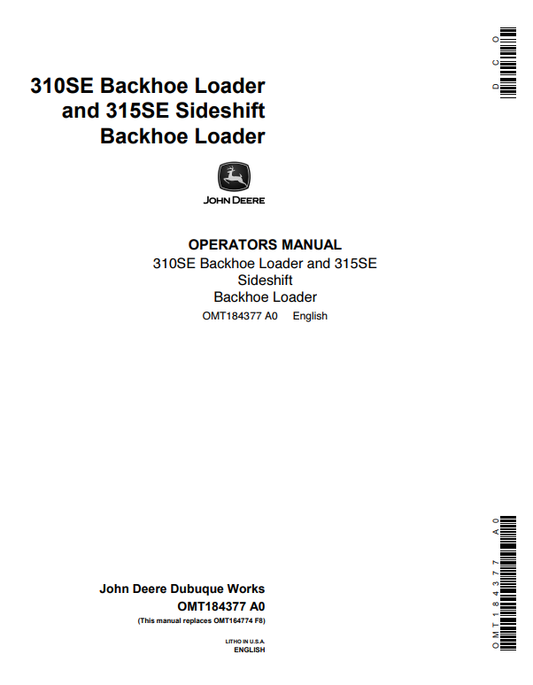 JOHN DEERE 310SE AND 315SE SIDESHIFT BACKHOE LOADER OPERATOR MANUAL OMT184377