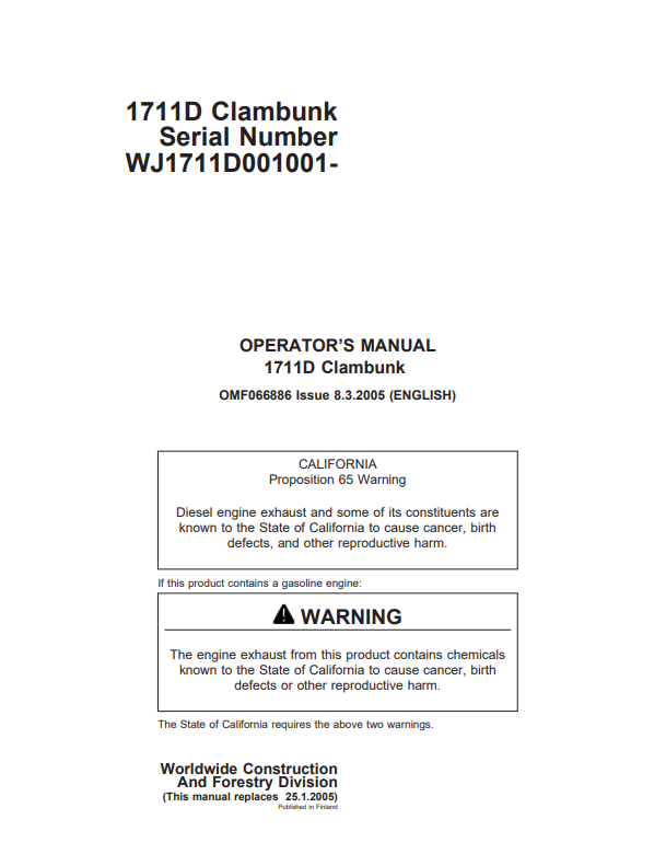 JOHN DEERE 1711D CLAMBUNK OPERATOR MANUAL F066886