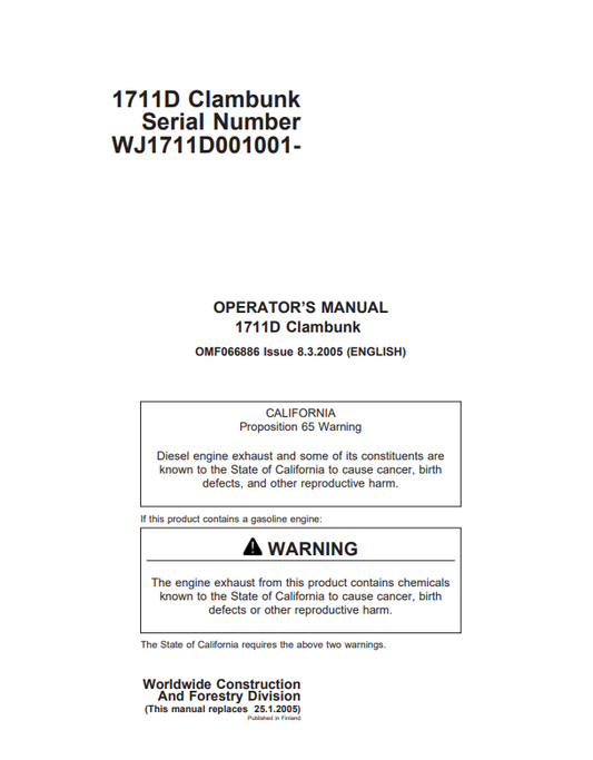 JOHN DEERE 1711D CLAMBUNK OPERATOR MANUAL F066886