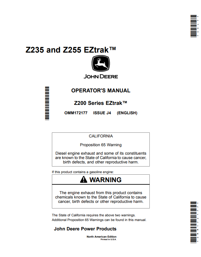 JOHN DEERE Z235 AND Z255, Z200 SERIES EZTRAK™ OPERATOR MANUAL OMM172177