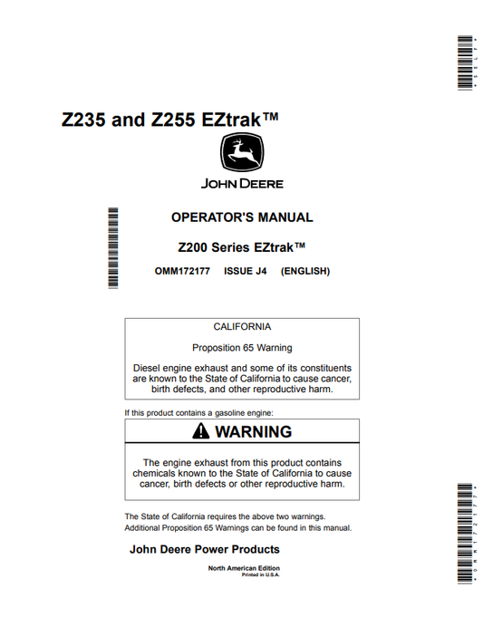 JOHN DEERE Z235 AND Z255, Z200 SERIES EZTRAK™ OPERATOR MANUAL OMM172177