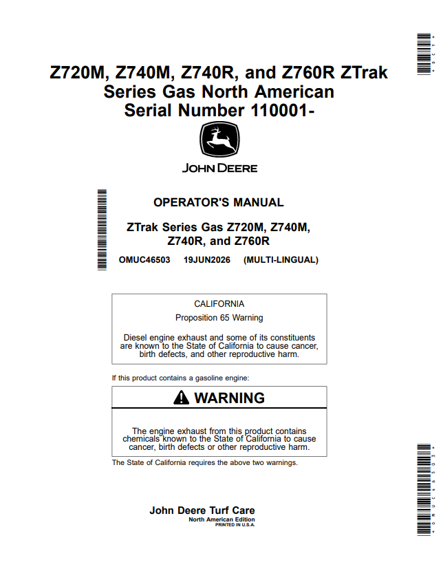 JOHN DEERE Z720M, Z740M, Z740R, AND Z760R ZTRAK SERIES GAS OPERATOR MANUAL OMUC46503