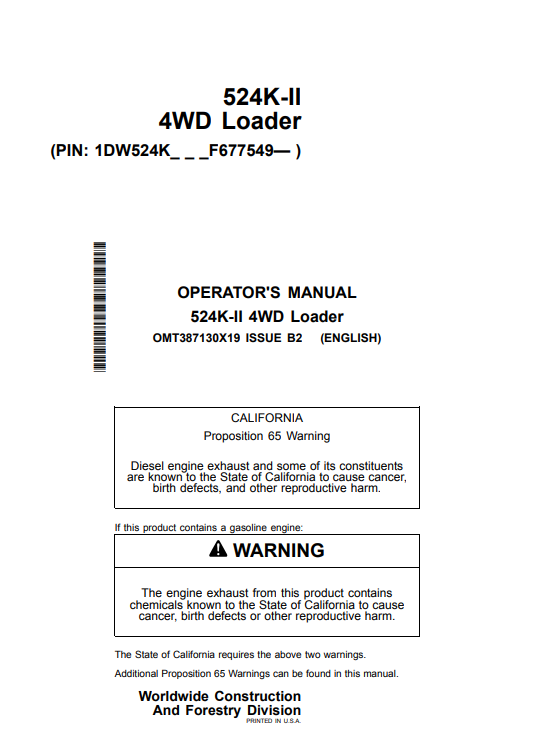 JOHN DEERE 524K-II 4WD LOADER OPERATOR MANUAL OMT387130X19