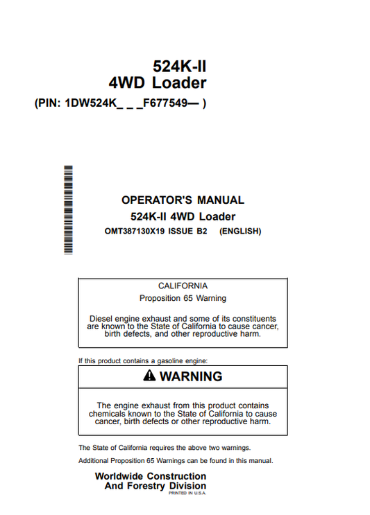 JOHN DEERE 524K-II 4WD LOADER OPERATOR MANUAL OMT387130X19
