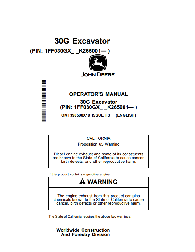 JOHN DEERE 30G EXCAVATOR OPERATOR MANUAL OMT398500X19