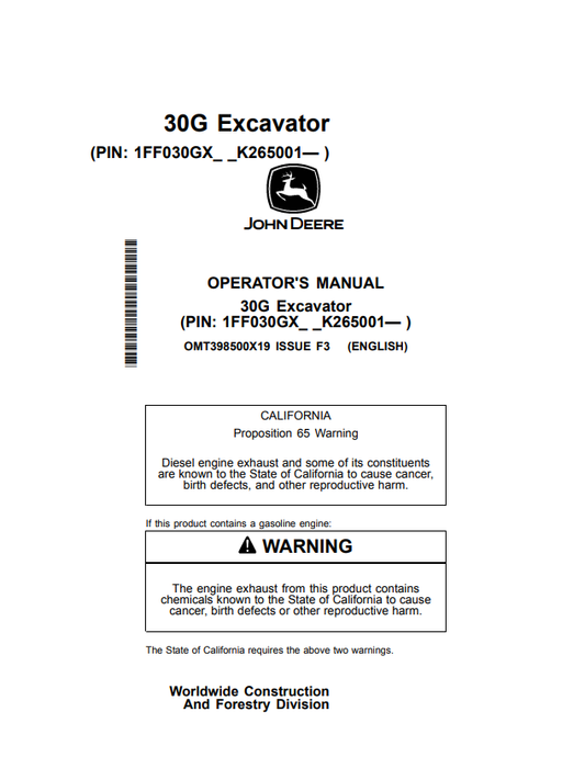 JOHN DEERE 30G EXCAVATOR OPERATOR MANUAL OMT398500X19